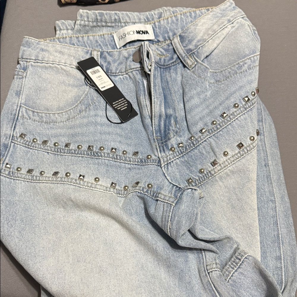 Fashion Nova High Rise Light Blue Studded Jeans